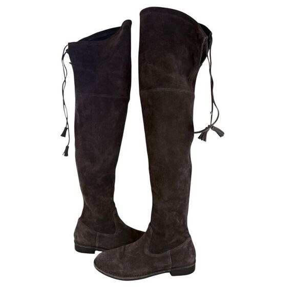 Frye Brown Suede Over-the-Knee Flat Boots with Tie Detail Size 8M - Picture 1 of 15